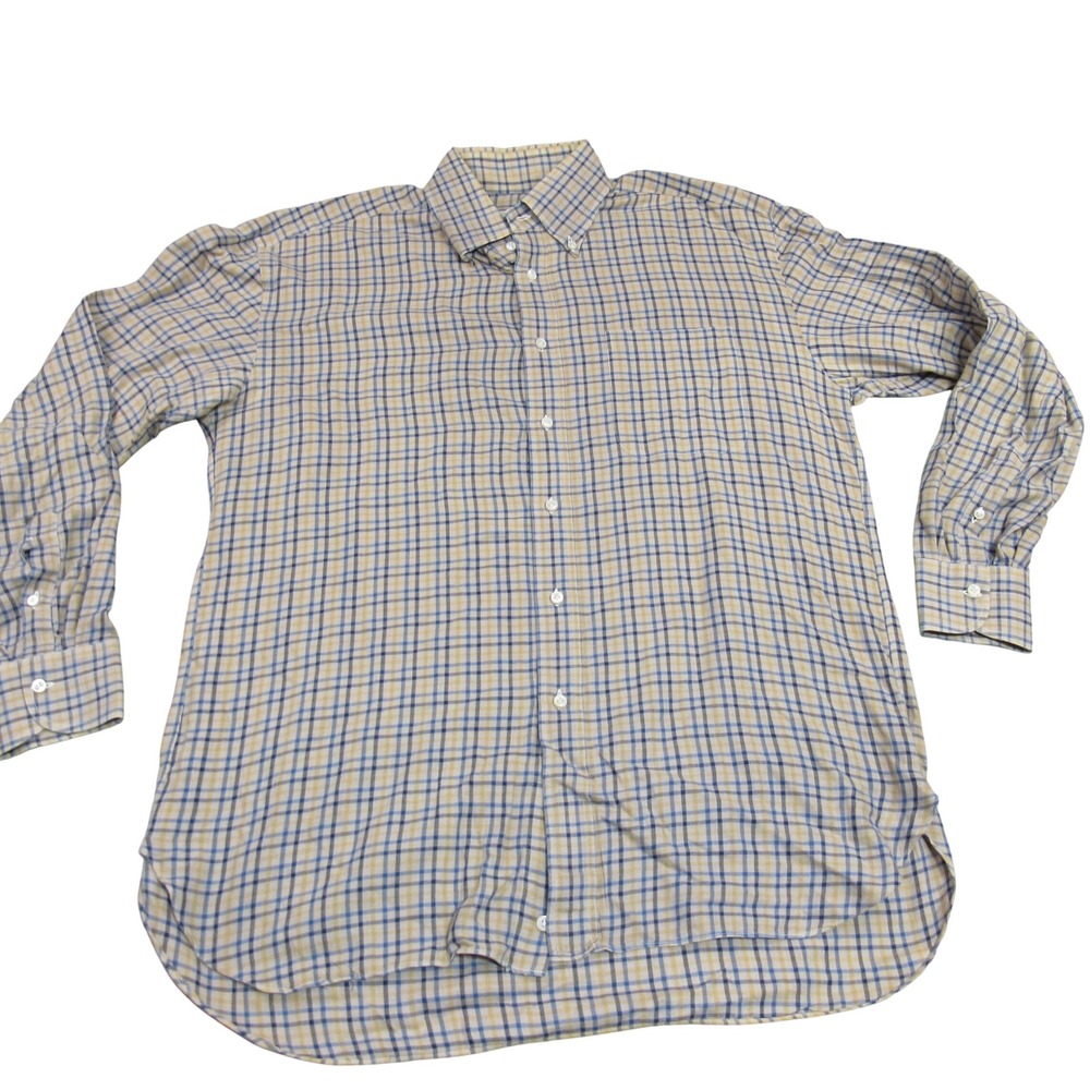 Borrelli Napoli Mens Plaid Button Down Shirt Blue Yellow Made in Italy Size M